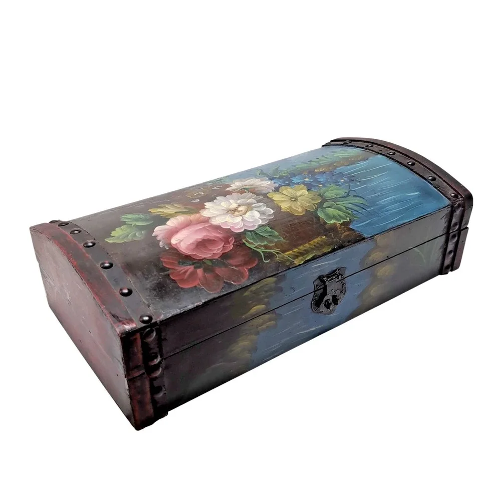 Vtg Hand-Painted Wooden Trinket/Jewelry Box Floral Design Humpback Lid Lined